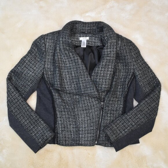 Cache Gray Tweed Wool Blend Biker Jacket Size 10 Asymmetrical Zip Moto Blazer - Picture 2 of 9
